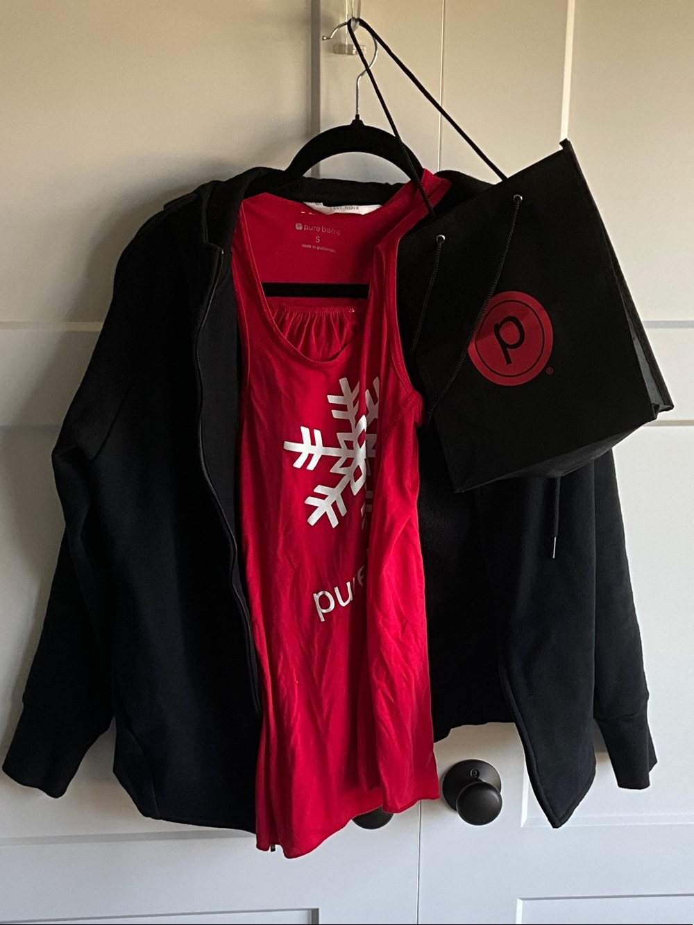 Pure Barre Red Snowflake Tank with Black Circle P Logo Hoodie and Logo Tote
